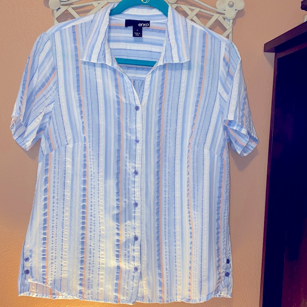 Erika light blue vertical stripes button down short sleeve shirt
